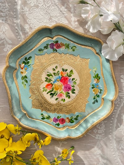 義大利佛羅倫斯手工五叢花六角茶盤3