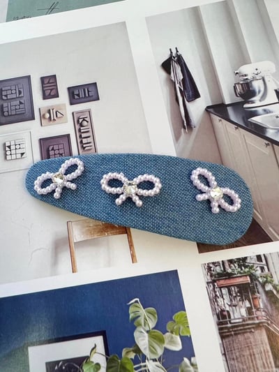 正韓飾品-串珠小蝴蝶結布面髮夾3