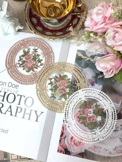 花卉刺繡蕾絲小圓墊/杯墊(3入組)2