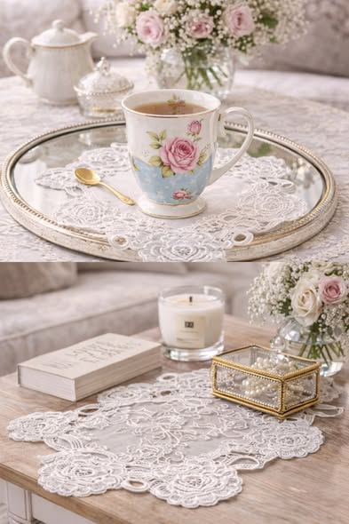 法式雅致玫瑰蝴蝶結蕾絲墊2