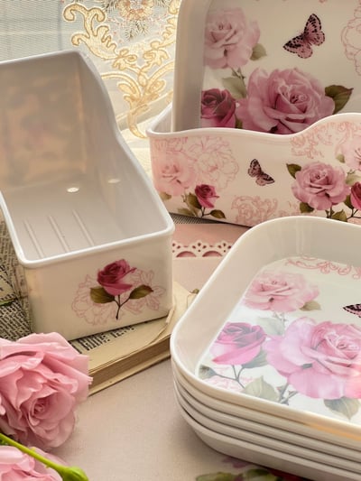 方形粉玫瑰小碟套組4