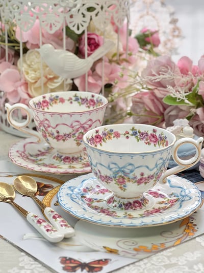 蝴蝶結緞帶花卉杯盤套組1