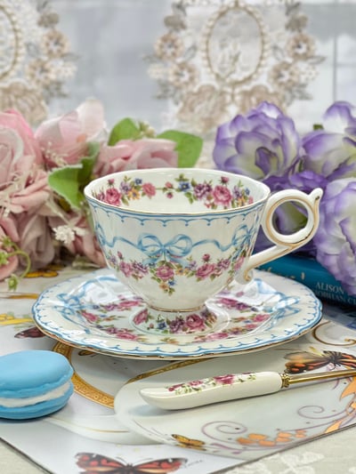 蝴蝶結緞帶花卉杯盤套組3