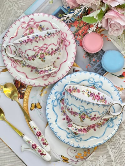 蝴蝶結緞帶花卉杯盤套組4