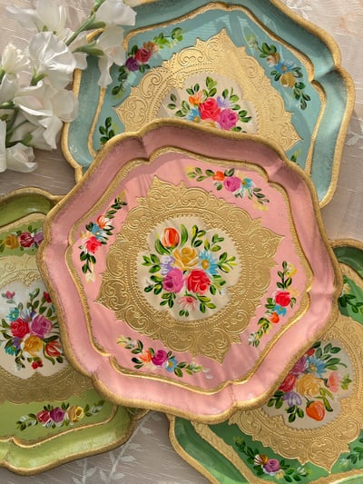 義大利佛羅倫斯手工五叢花六角茶盤1