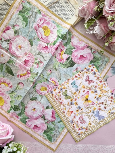 蝶古巴特餐巾紙-玫瑰蝴蝶.玫瑰下午茶1