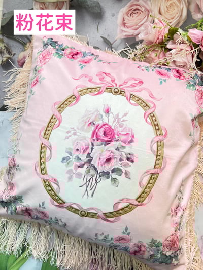 法式緞面玫瑰流蘇抱枕套2