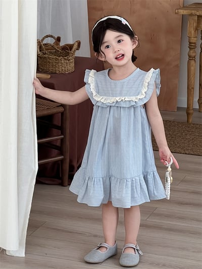 清新藍條紋荷葉花邊洋裝2