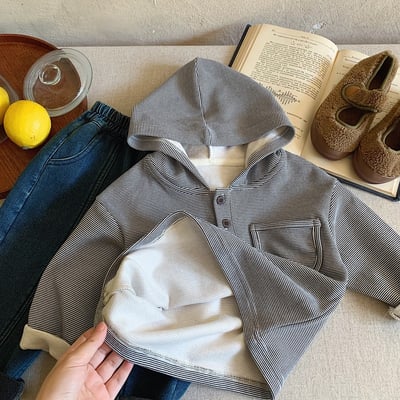 條紋鈕扣口袋休閒帽T9