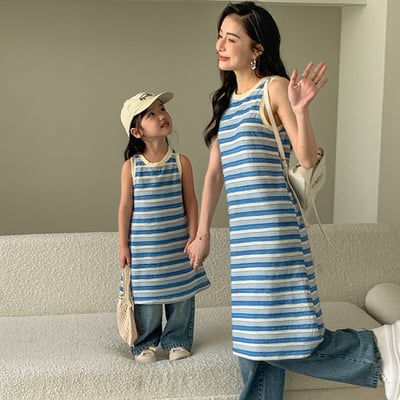 水藍條紋背心連身裙母女裝1