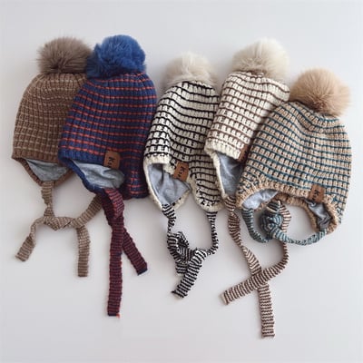 毛球格子護耳毛線帽1