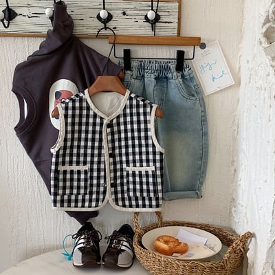 雙面穿杏色格子背心6