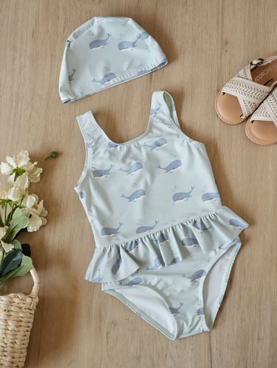 女童花邊連身泳衣含泳帽2