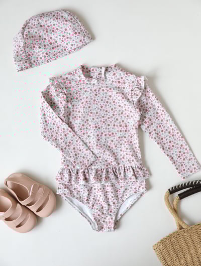 女童荷葉防曬泳衣含帽2