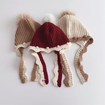 甜美花邊毛球保暖帽1