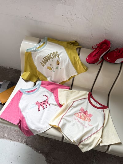 撞色拼袖貓咪短版上衣6