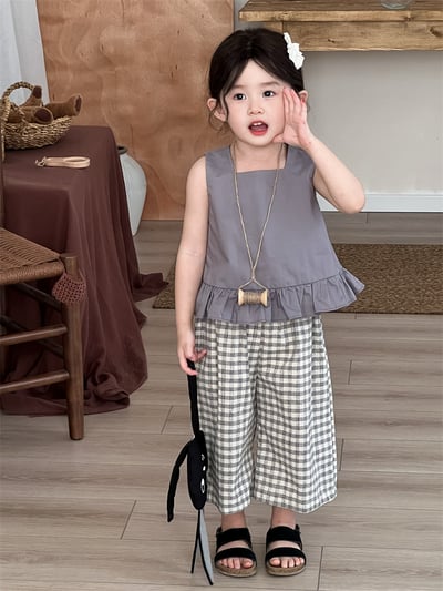 棉麻格子九分寬褲2