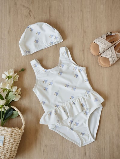 女童花邊連身泳衣含泳帽3