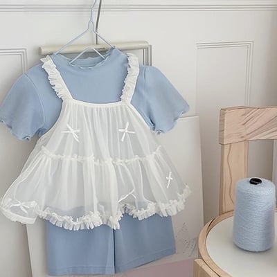 蝴蝶結吊帶網紗上衣兩件組1