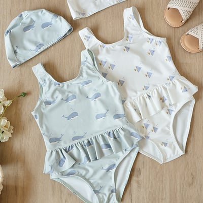 女童花邊連身泳衣含泳帽1