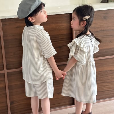 清新直條紋套裝荷葉邊洋裝2