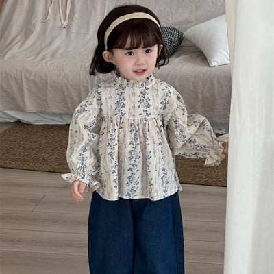 碎花立領花邊娃娃上衣1