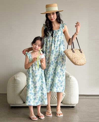 渡假風碎花吊帶長裙襯衫親子裝3
