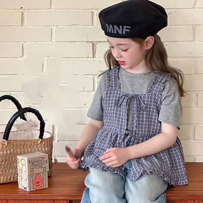 花邊格子綁帶背心上衣兩件套裝1