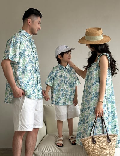 渡假風碎花吊帶長裙襯衫親子裝2