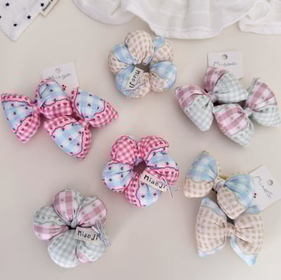 格紋花朵蝴蝶結髮圈1