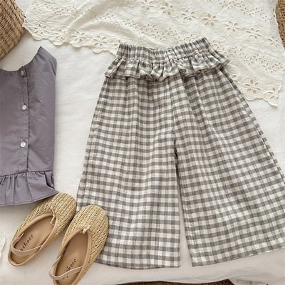 棉麻格子九分寬褲1