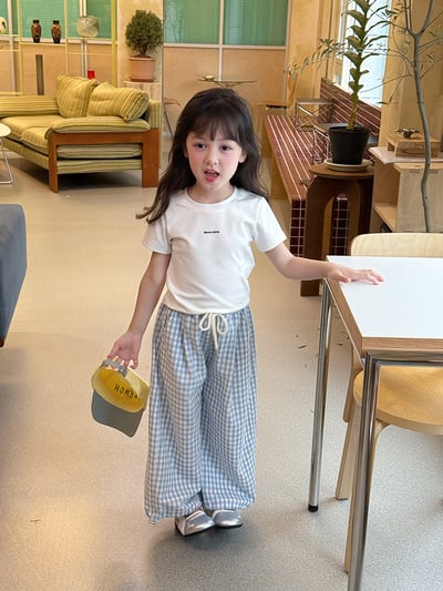 綁帶格紋縮口薄長褲2