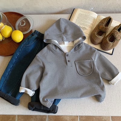 條紋鈕扣口袋休閒帽T6