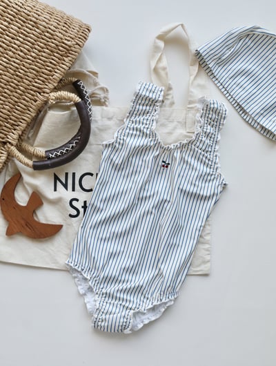 女童條紋連身泳衣含帽2
