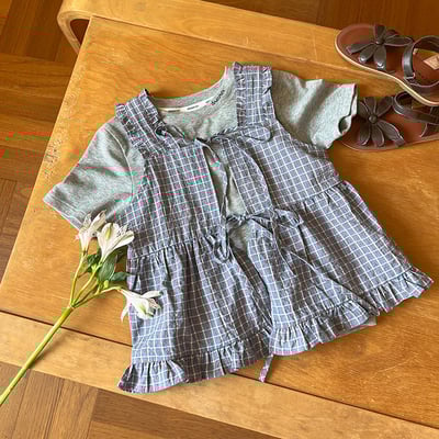 花邊格子綁帶背心上衣兩件套裝2