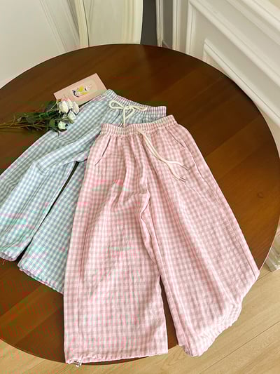 綁帶格紋縮口薄長褲7