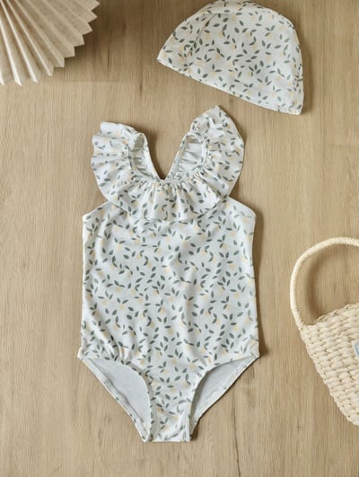 女童荷葉領連身泳裝含泳帽6