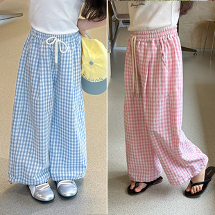 綁帶格紋縮口薄長褲1