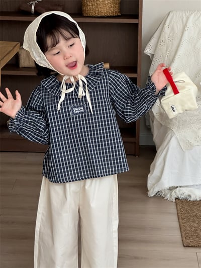荷葉領深藍格紋襯衣2