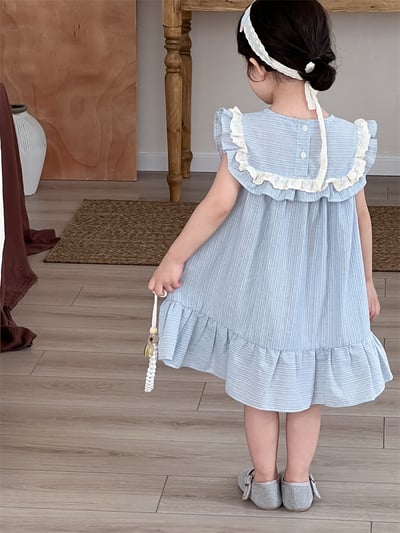 清新藍條紋荷葉花邊洋裝4