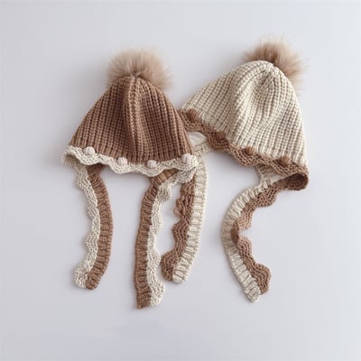 甜美花邊毛球保暖帽2