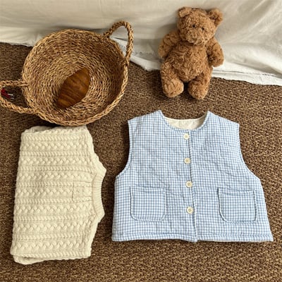 藍格紋口袋鋪棉背心2