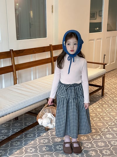 棉麻格紋半身長裙5