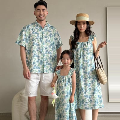 渡假風碎花吊帶長裙襯衫親子裝1