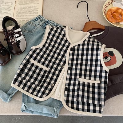雙面穿杏色格子背心3