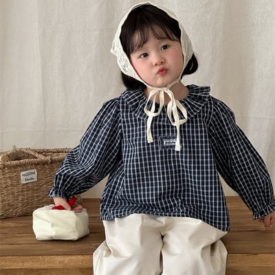 荷葉領深藍格紋襯衣1