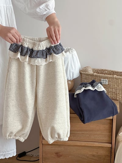 格子花邊加絨束腳褲5