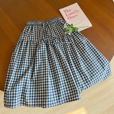 棉麻格紋半身長裙1