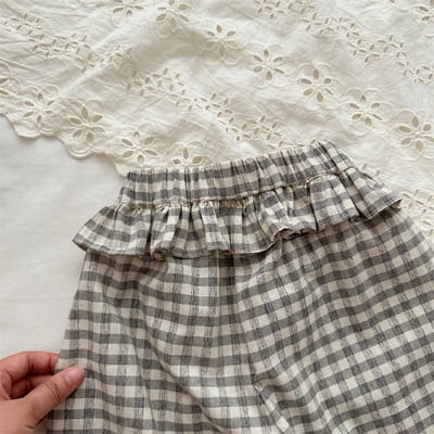 棉麻格子九分寬褲4