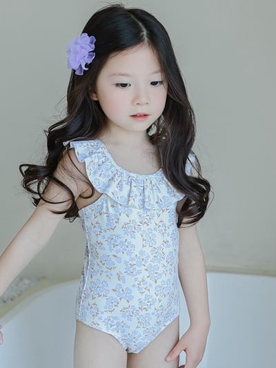 女童荷葉領連身泳裝含泳帽4